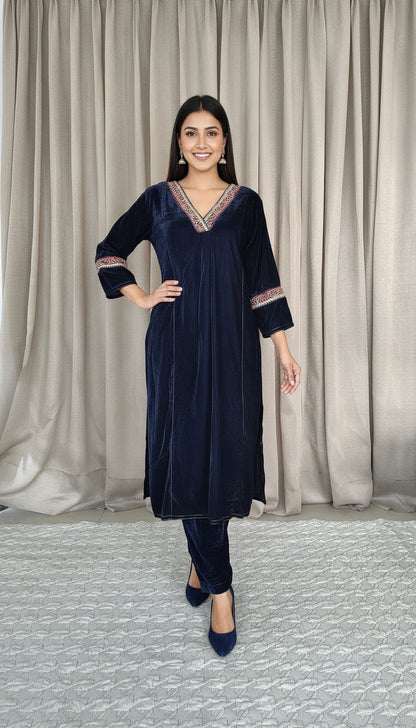 Navy Blue Red embroidered  Velvet Kurta and Pant