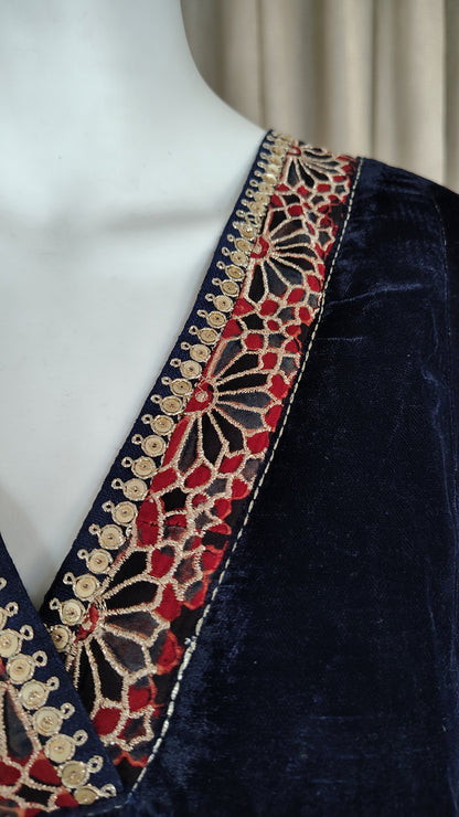 Navy Blue Red embroidered  Velvet Kurta and Pant