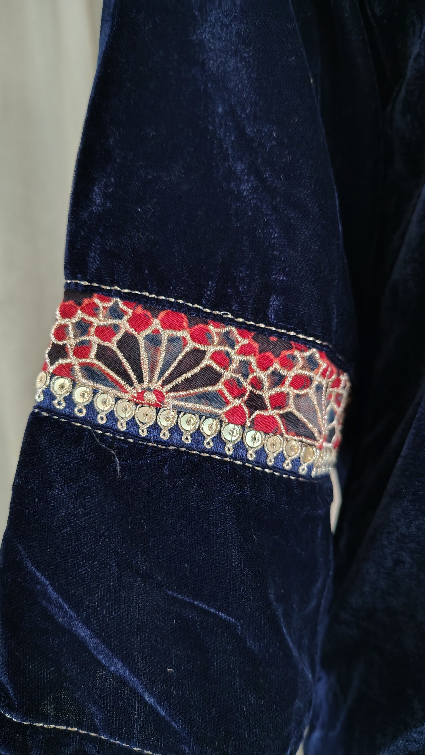 Navy Blue Red embroidered  Velvet Kurta and Pant
