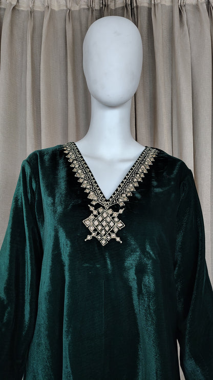 Green Velvet Zari Embroidered Kurta and Pant