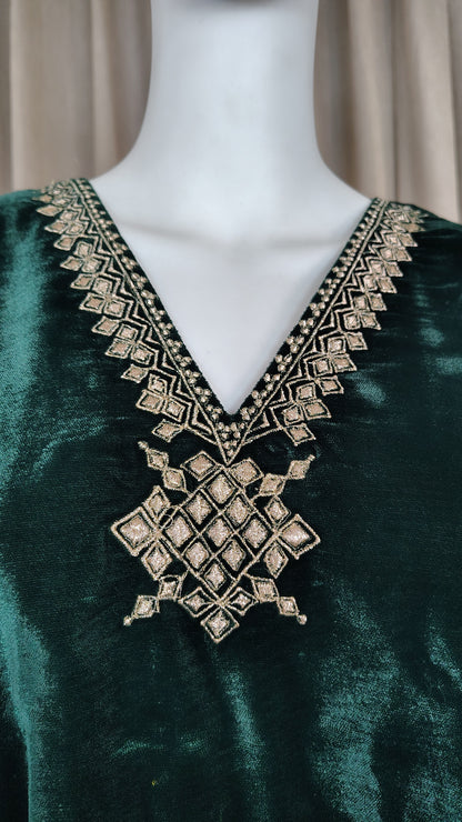 Green Velvet Zari Embroidered Kurta and Pant