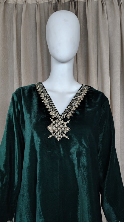 Green Velvet Zari Embroidered Kurta and Pant