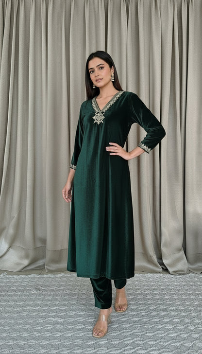 Green Velvet Zari Embroidered Kurta and Pant