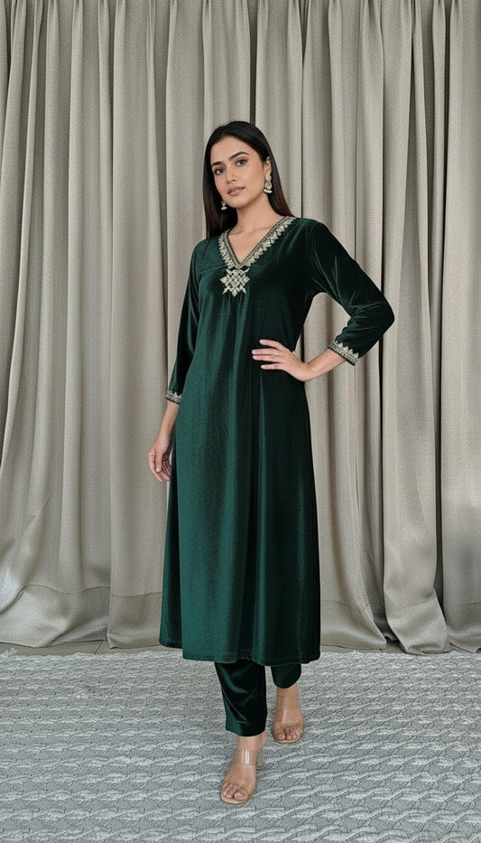 Green Velvet Zari Embroidered Kurta and Pant