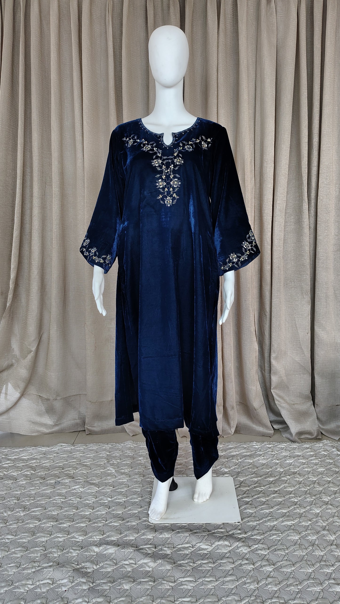 Teal Blue Zari Embroidered Beaded Velvet Kurta and Pant