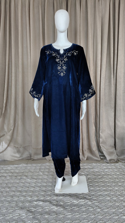 Teal Blue Zari Embroidered Beaded Velvet Kurta and Pant