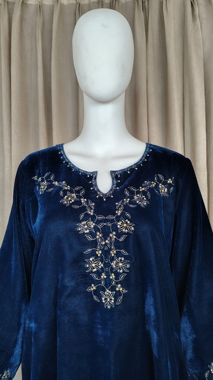 Teal Blue Zari Embroidered Beaded Velvet Kurta and Pant