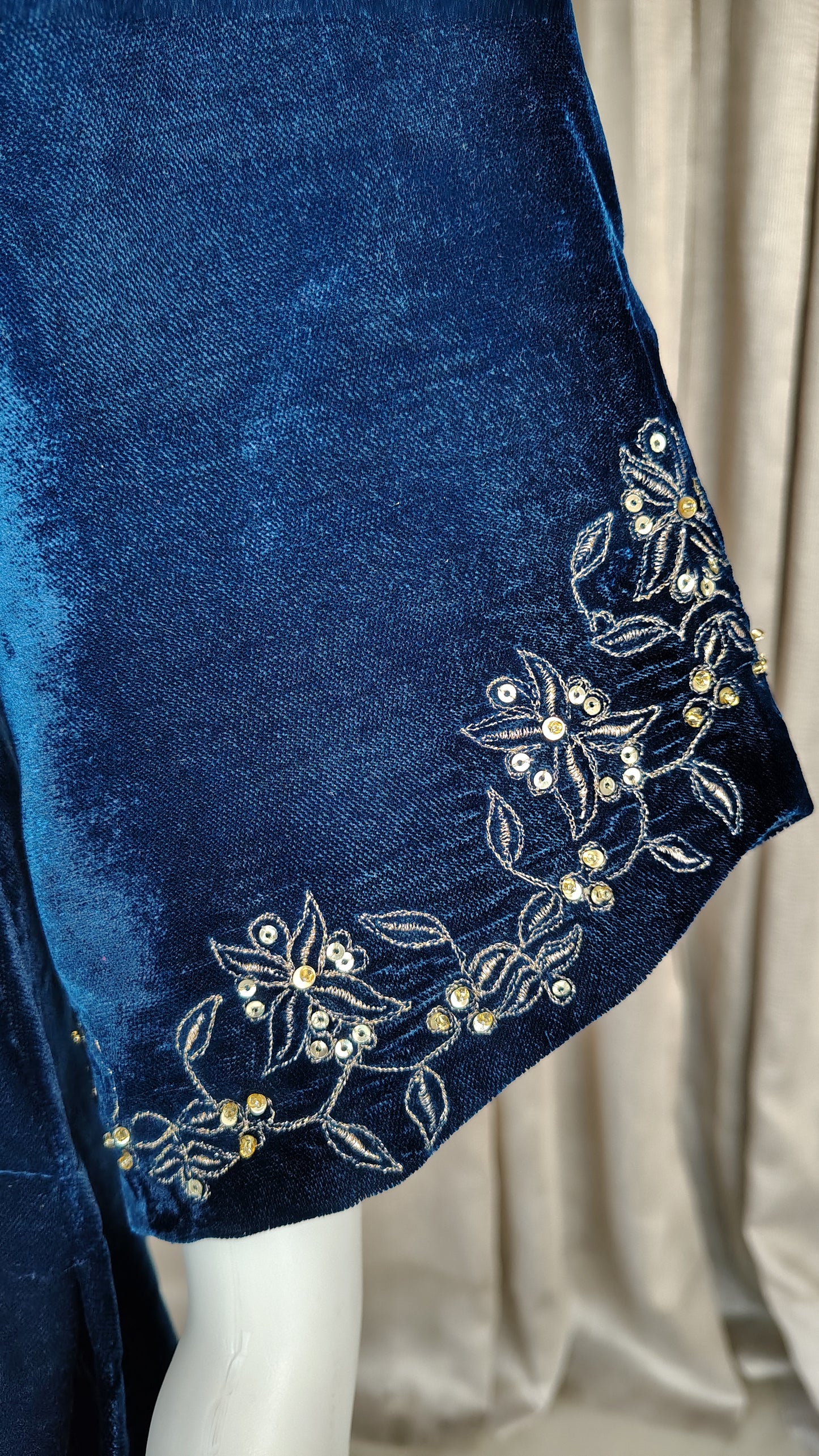 Teal Blue Zari Embroidered Beaded Velvet Kurta and Pant