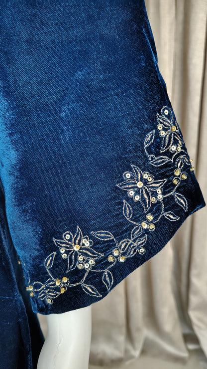 Teal Blue Zari Embroidered Beaded Velvet Kurta and Pant