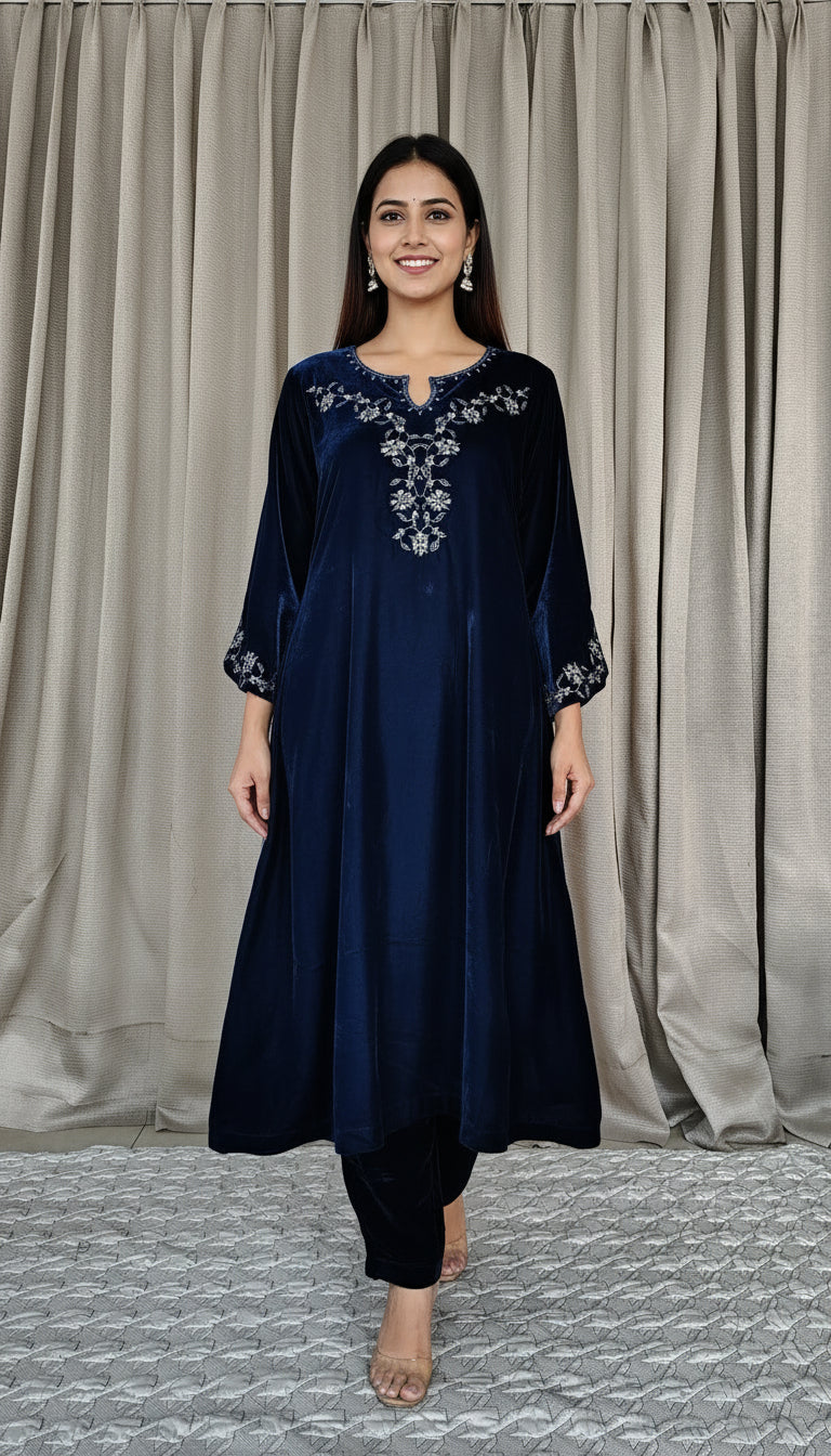 Teal Blue Zari Embroidered Beaded Velvet Kurta and Pant