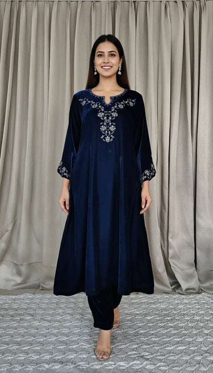 Teal Blue Zari Embroidered Beaded Velvet Kurta and Pant