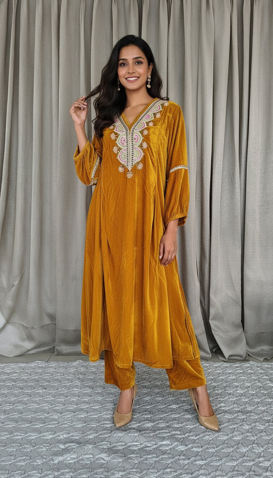 Mustard Zari Silk Thread embellished Beaded Velvet Kurta and Pant