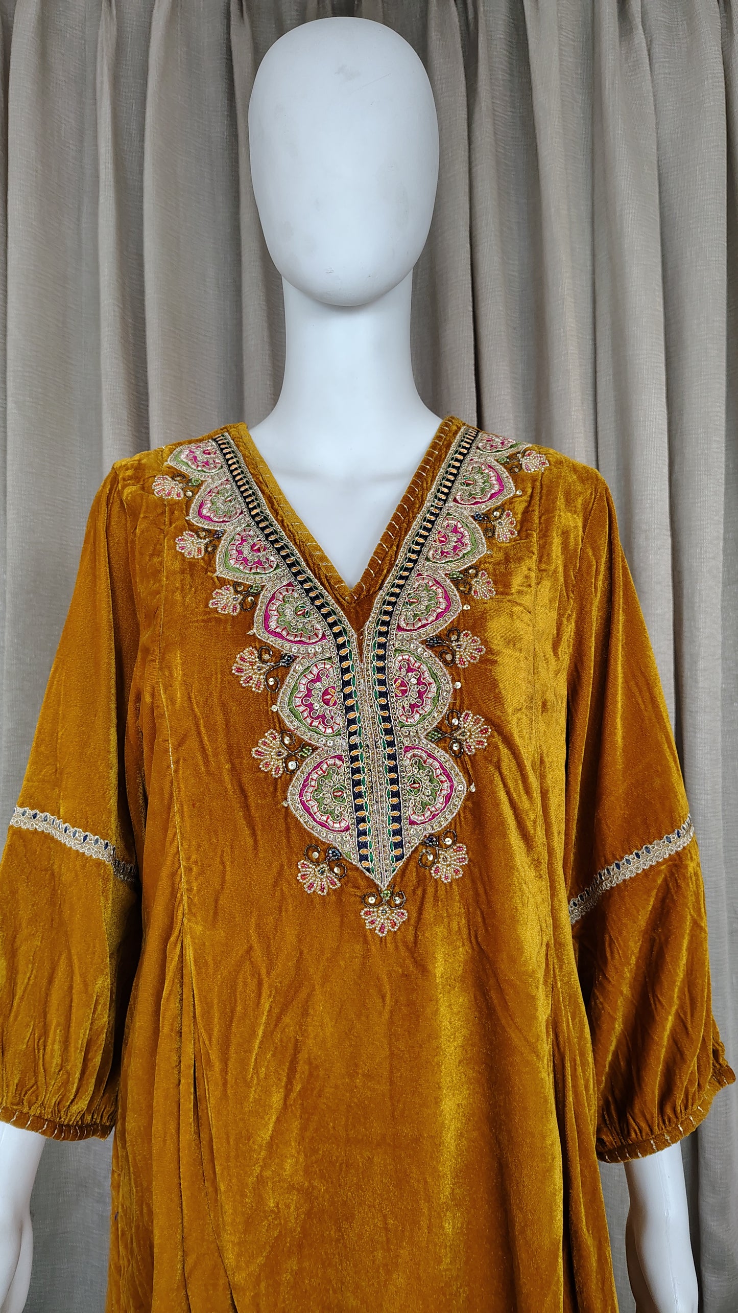 Mustard Zari Silk Thread embellished Beaded Velvet Kurta and Pant