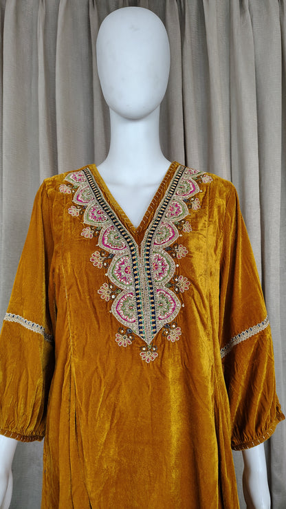Mustard Zari Silk Thread embellished Beaded Velvet Kurta and Pant