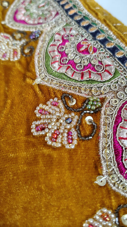 Mustard Zari Silk Thread embellished Beaded Velvet Kurta and Pant