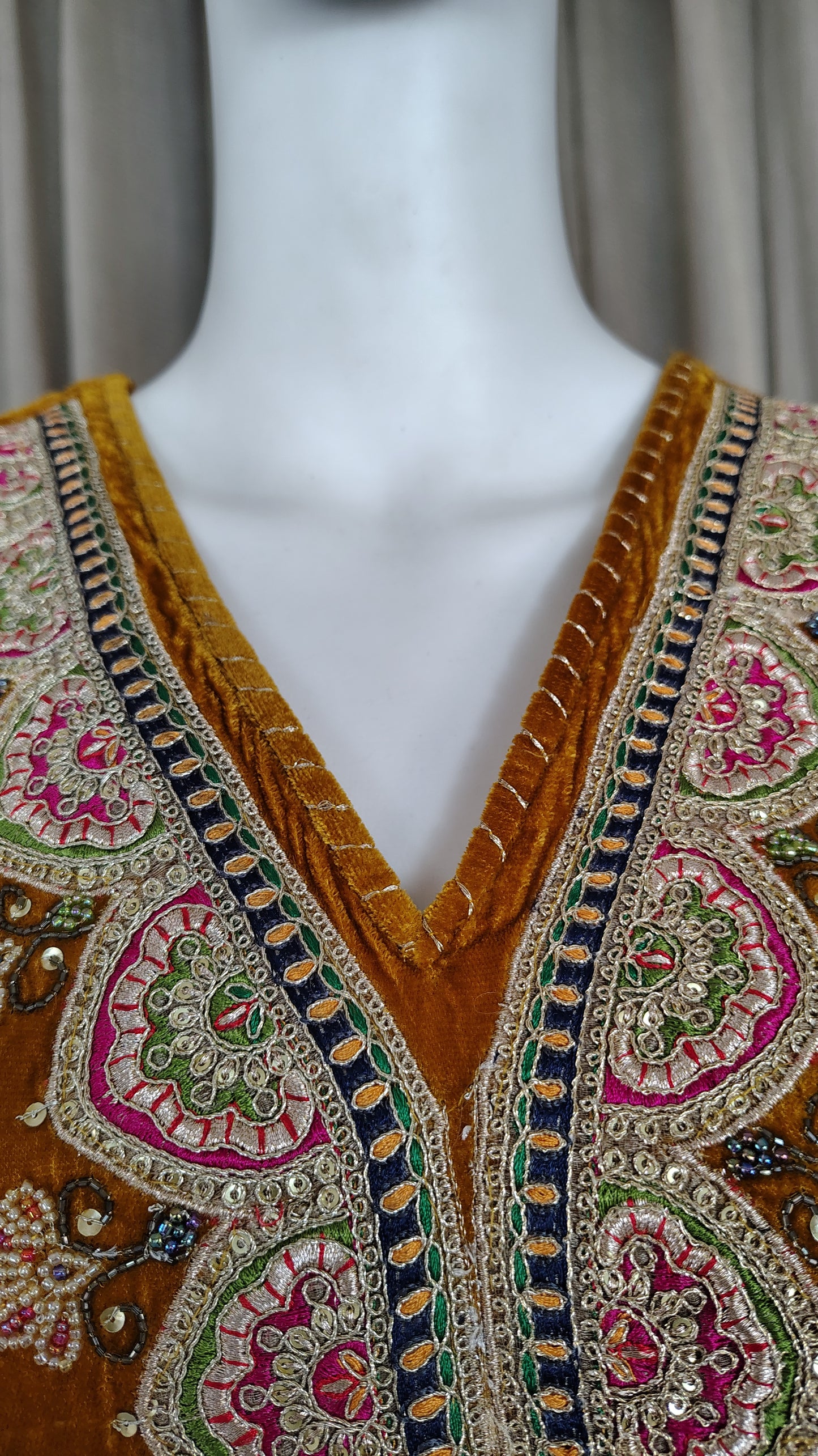 Mustard Zari Silk Thread embellished Beaded Velvet Kurta and Pant