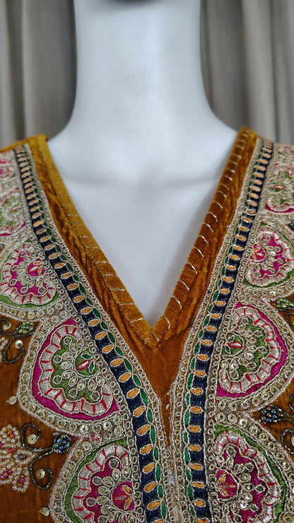 Mustard Zari Silk Thread embellished Beaded Velvet Kurta and Pant