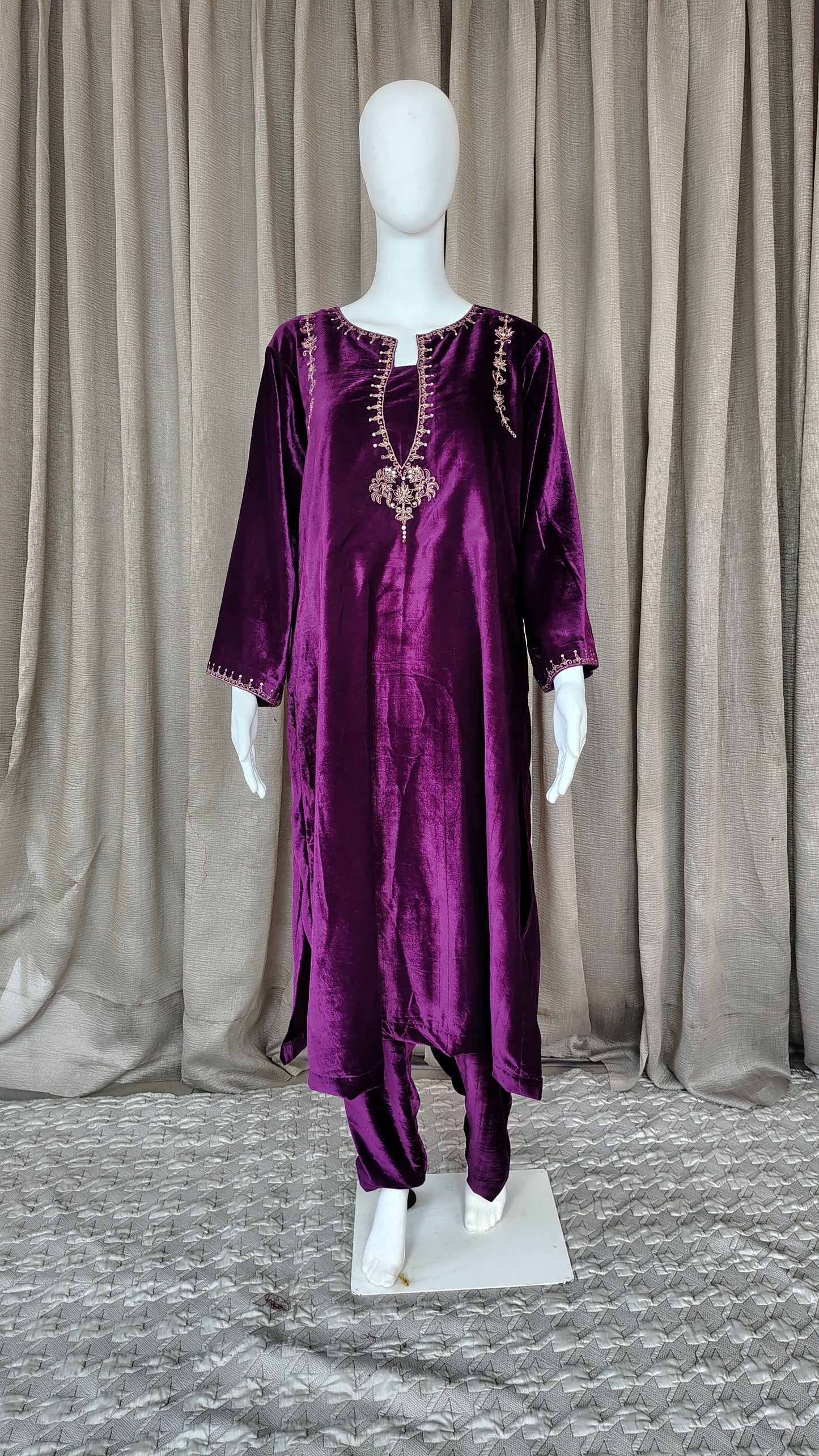 Purple Zari Sequence Embellished Velvet Kurta and Pant