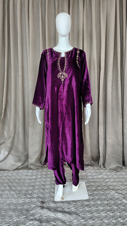 Purple Zari Sequence Embellished Velvet Kurta and Pant