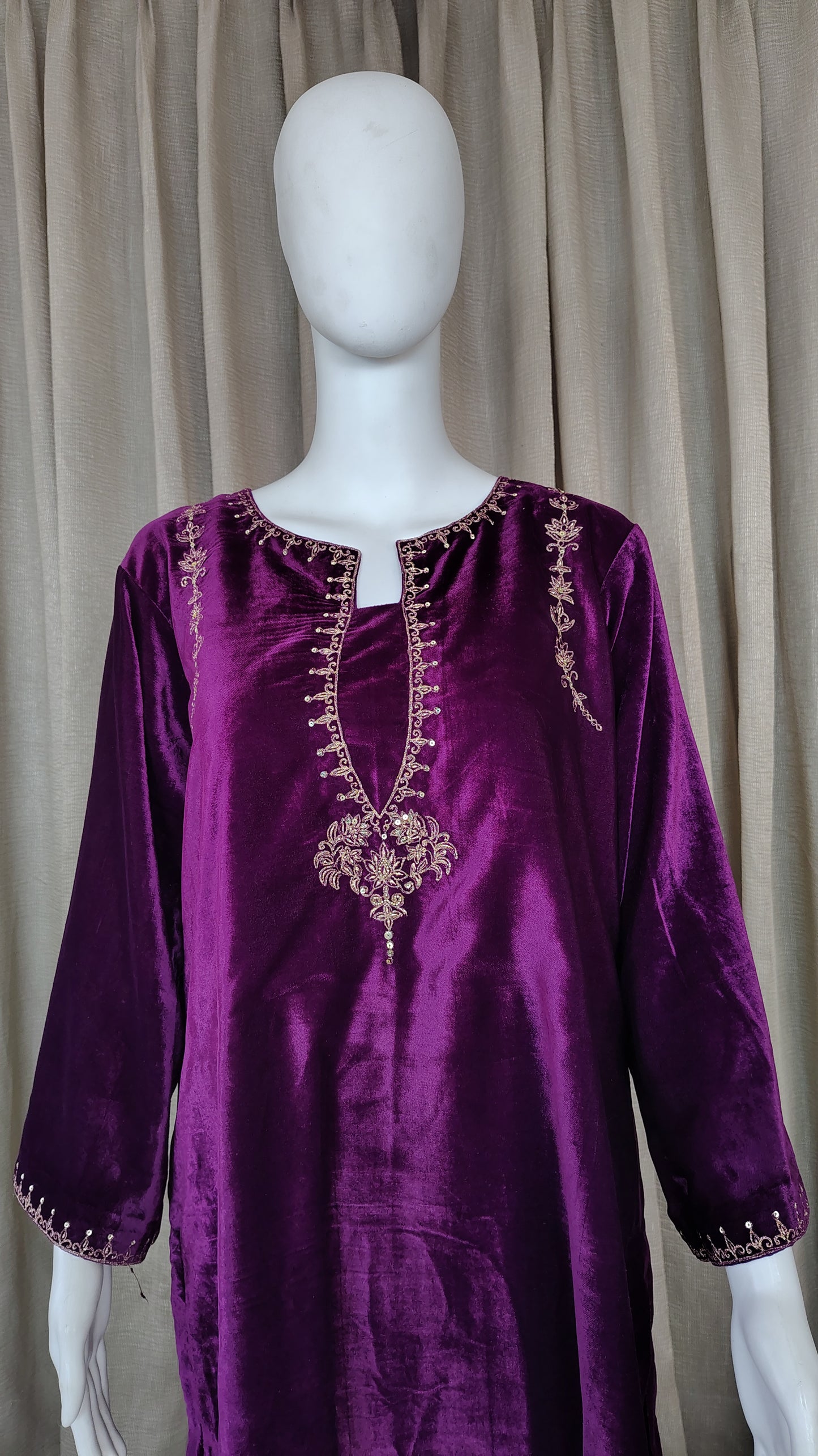 Purple Zari Sequence Embellished Velvet Kurta and Pant