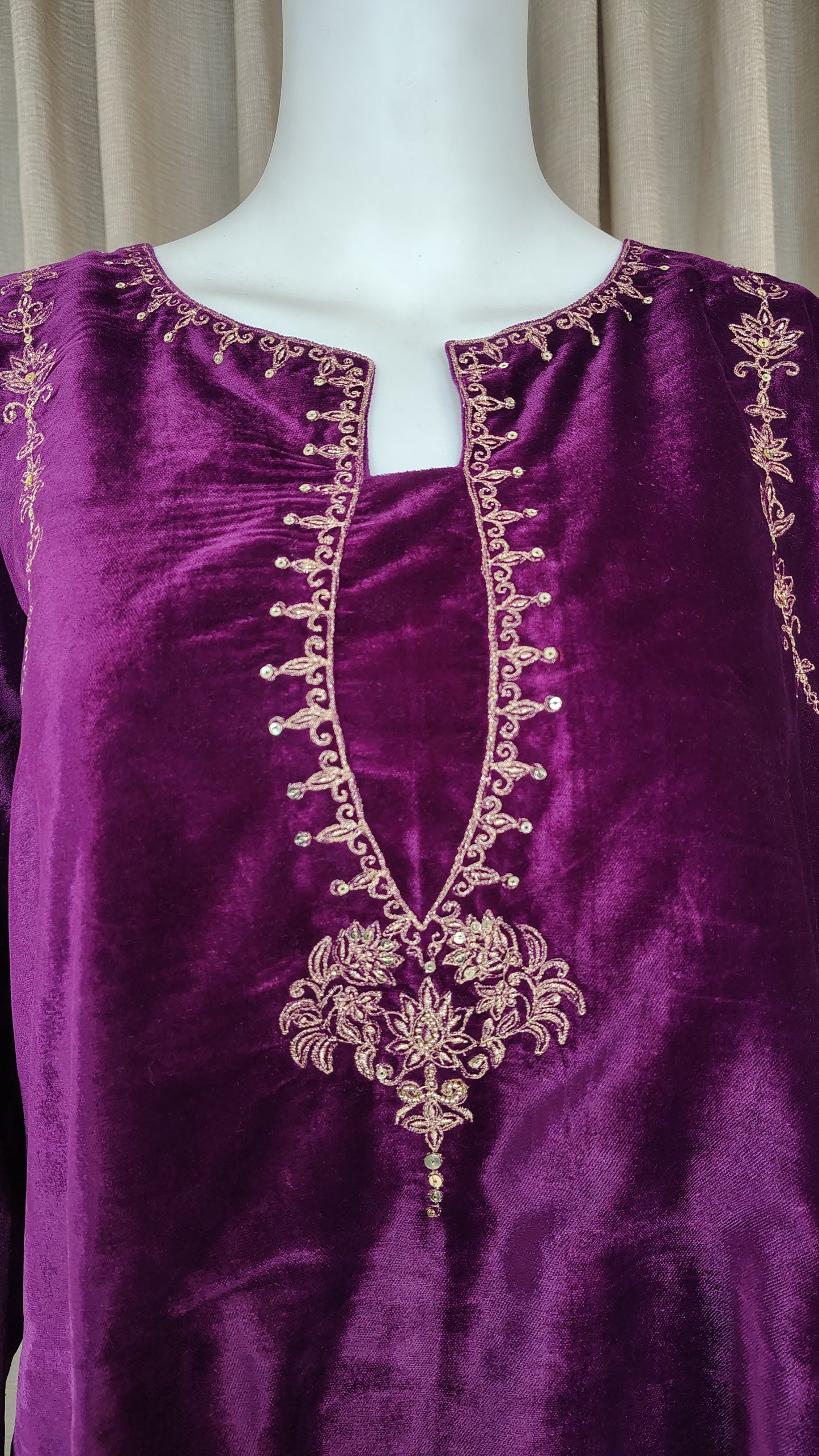 Purple Zari Sequence Embellished Velvet Kurta and Pant