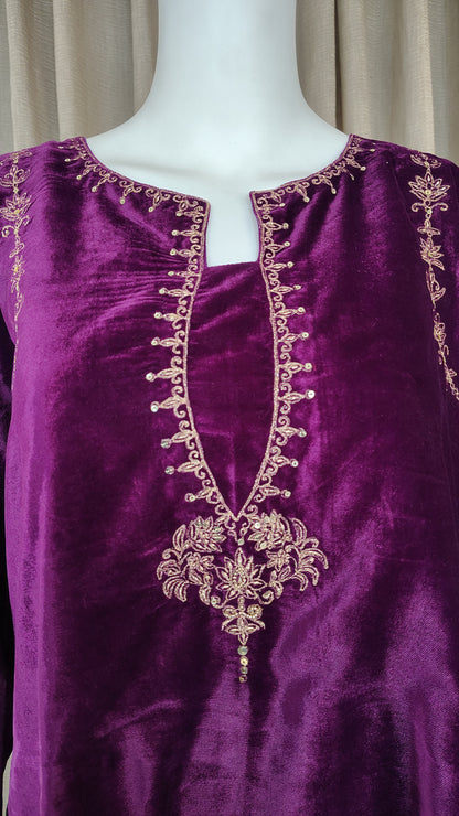 Purple Zari Sequence Embellished Velvet Kurta and Pant