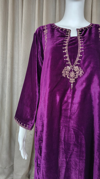 Purple Zari Sequence Embellished Velvet Kurta and Pant