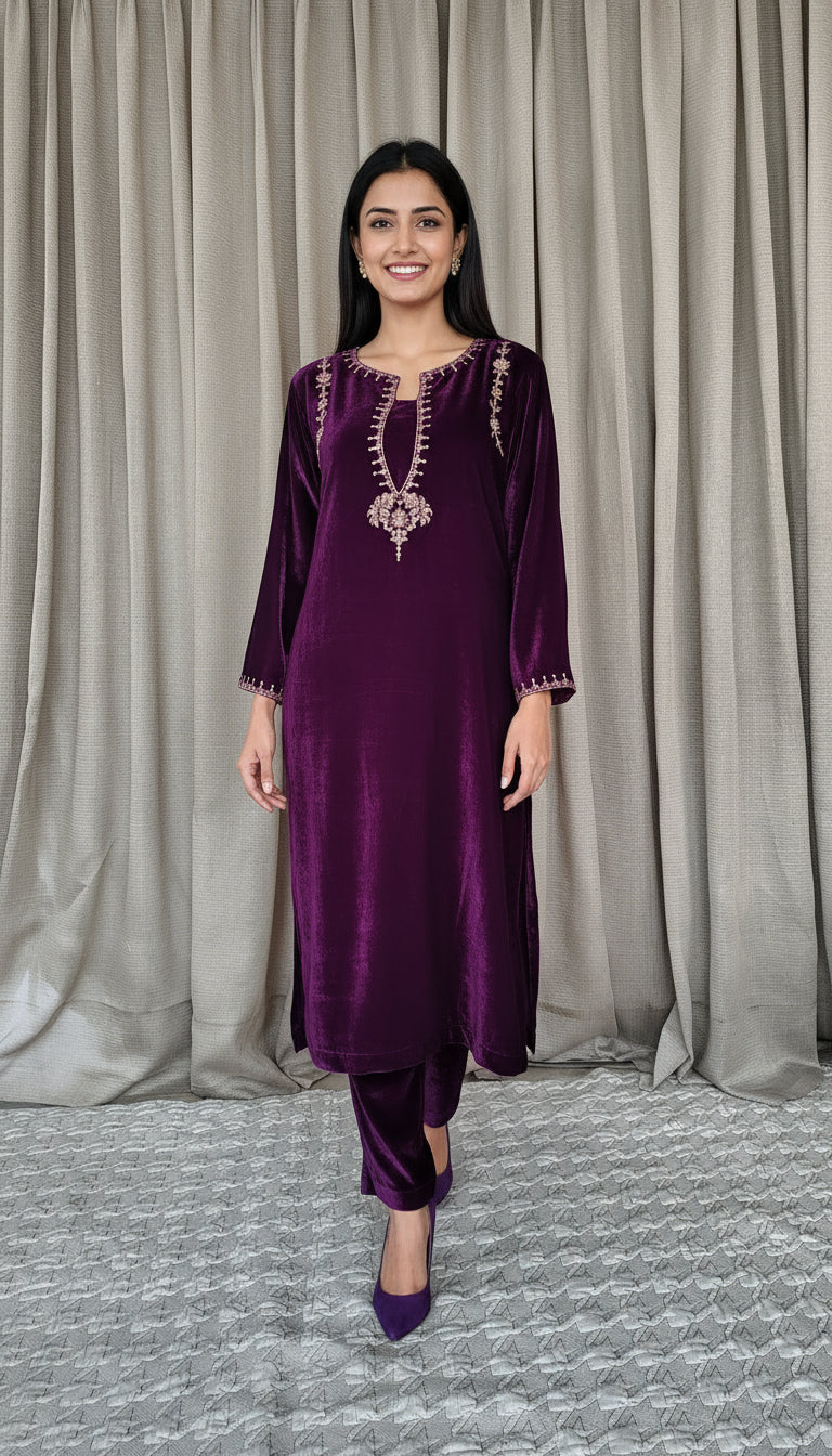 Purple Zari Sequence Embellished Velvet Kurta and Pant