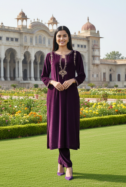 Purple Zari Sequence Embellished Velvet Kurta and Pant