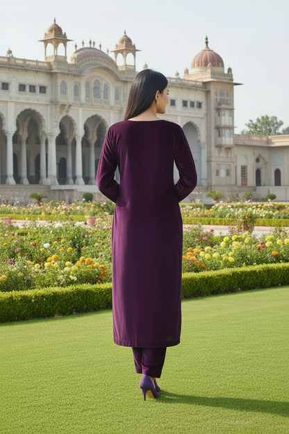 Purple Zari Sequence Embellished Velvet Kurta and Pant