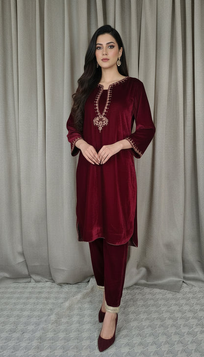 Maroon Velvet Zari Sequence Embellished Kurta and Pant