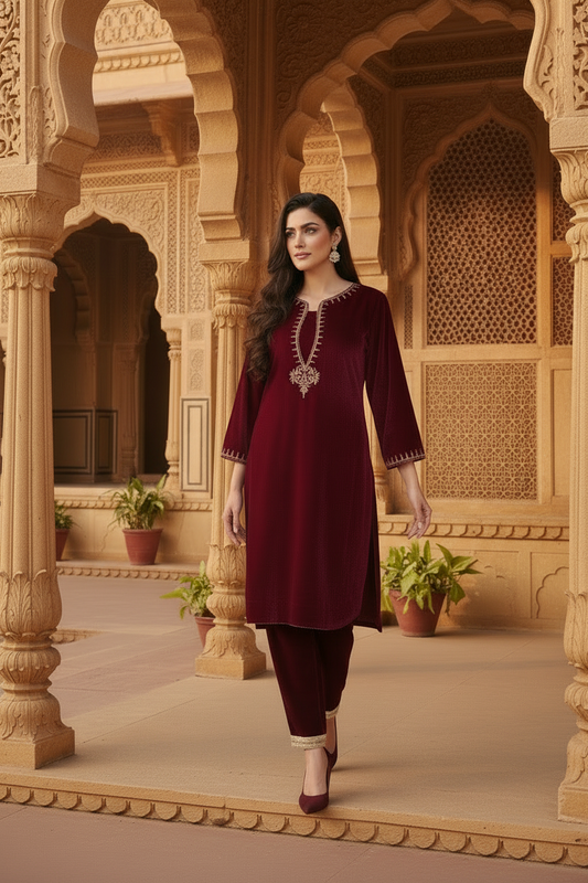 Maroon Velvet Zari Sequence Embellished Kurta and Pant