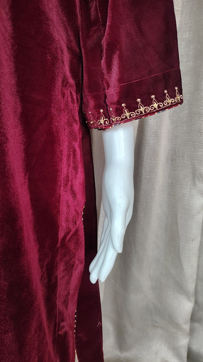 Maroon Velvet Zari Sequence Embellished Kurta and Pant