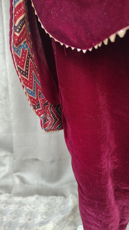 Maroon Velvet Zari Sequence Embellished Kurta and Pant