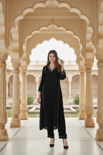 Black Velvet High neck zari embroidered Kurta and Pant