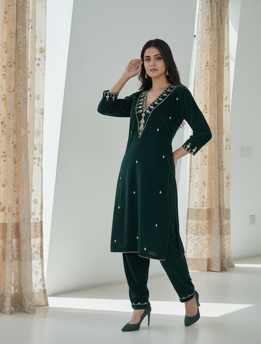 Bottlegreen velvet with zari zardozi embellishments Kurta and pant