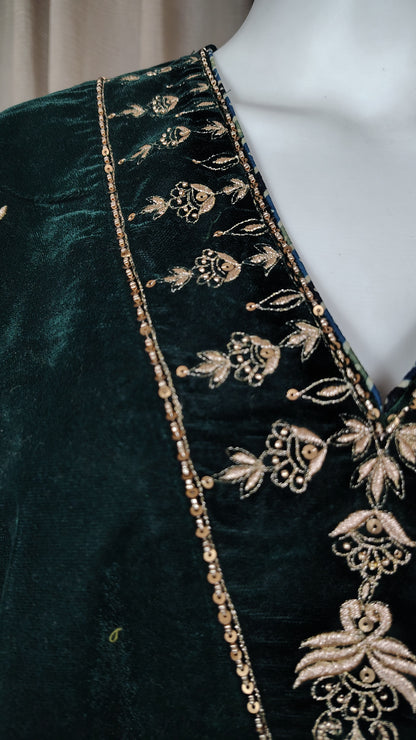 Bottlegreen velvet with zari zardozi embellishments Kurta and pant