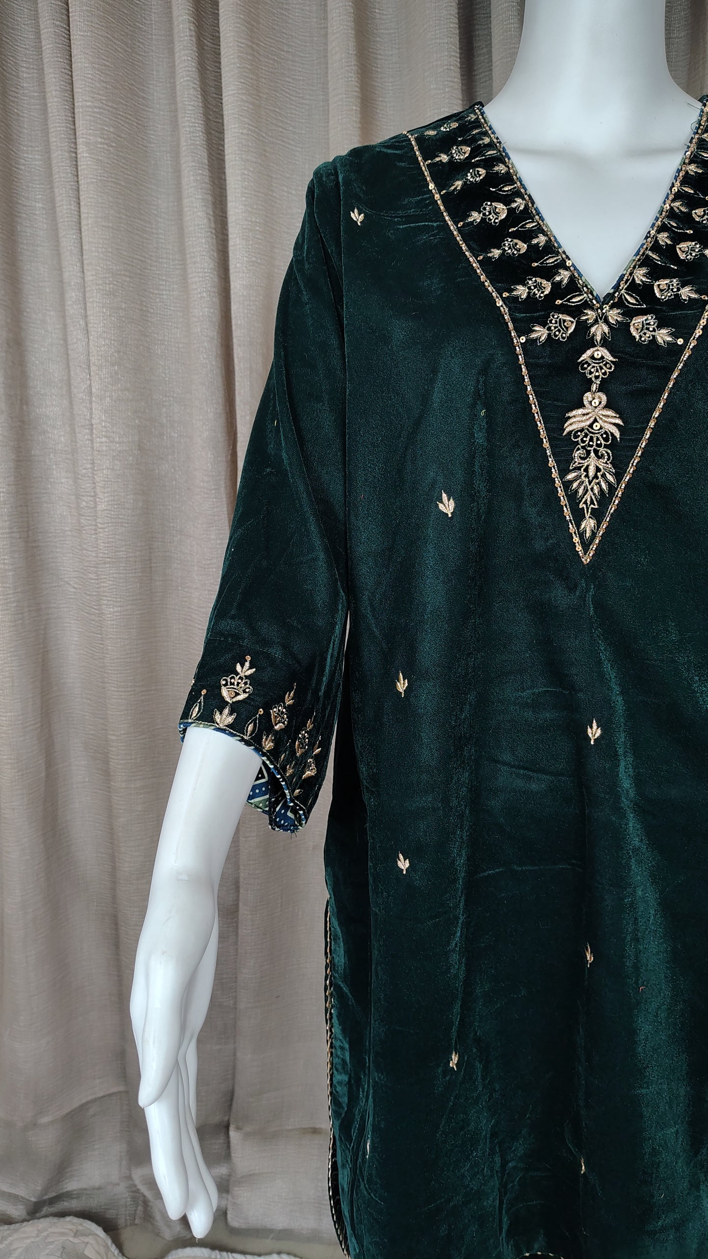Bottlegreen velvet with zari zardozi embellishments Kurta and pant