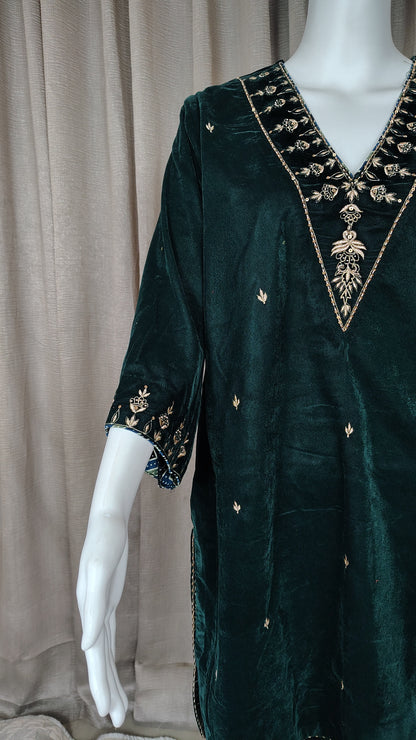 Bottlegreen velvet with zari zardozi embellishments Kurta and pant