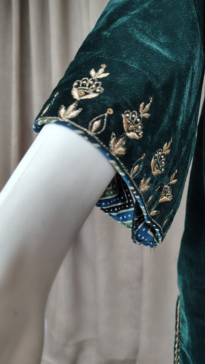 Bottlegreen velvet with zari zardozi embellishments Kurta and pant