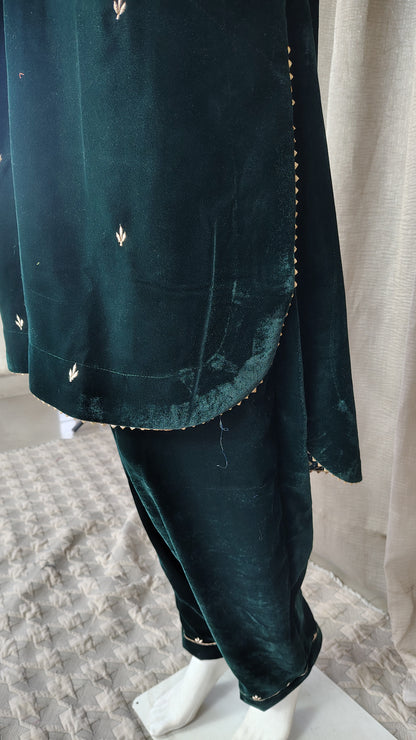 Bottlegreen velvet with zari zardozi embellishments Kurta and pant