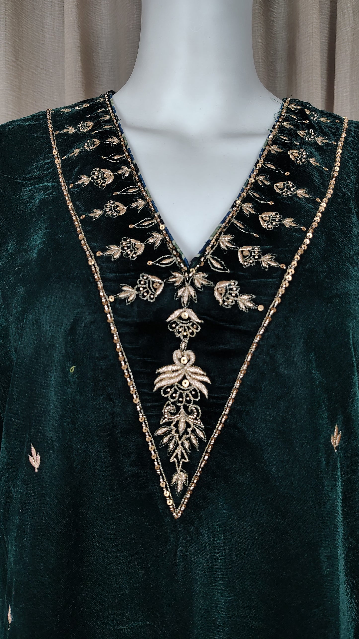 Bottlegreen velvet with zari zardozi embellishments Kurta and pant