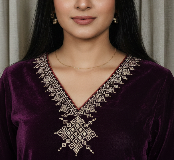 Wine color velvet zari Embroidered Kurta Pant