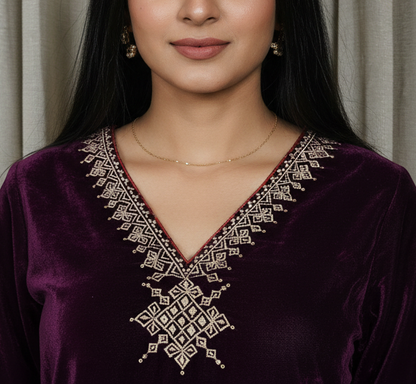 Wine color velvet zari Embroidered Kurta Pant