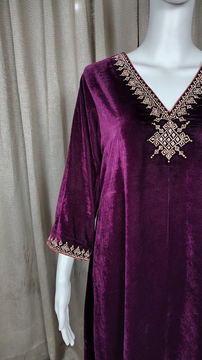 Wine color velvet zari Embroidered Kurta Pant