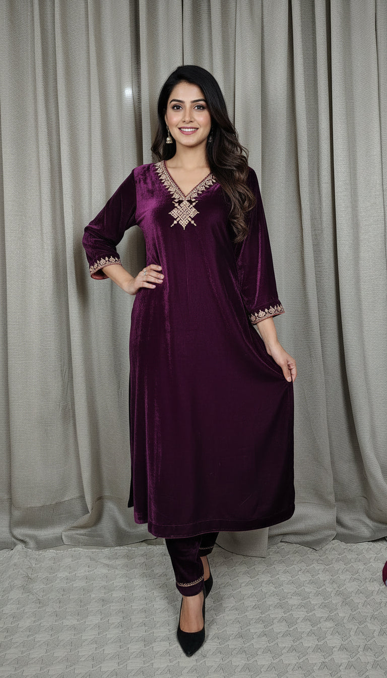 Wine color velvet zari Embroidered Kurta Pant
