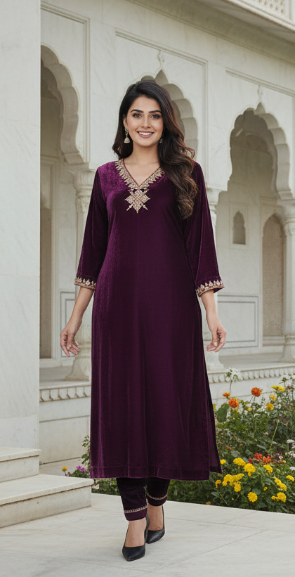 Wine color velvet zari Embroidered Kurta Pant