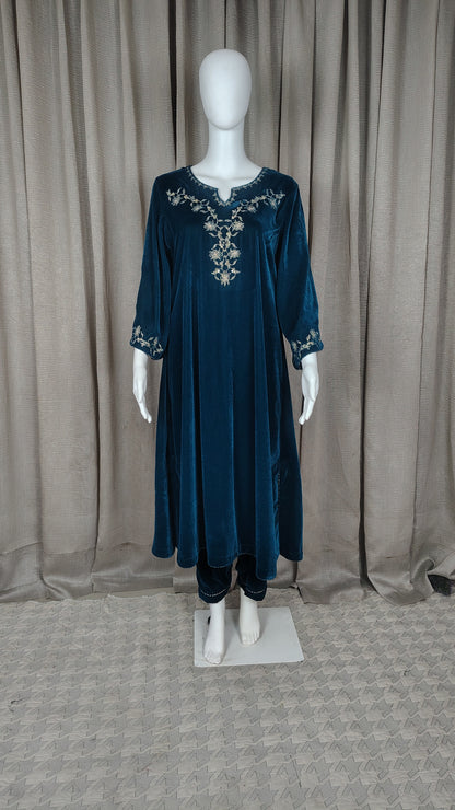 Teal Blue Zari Embroidered Kurta with Pant