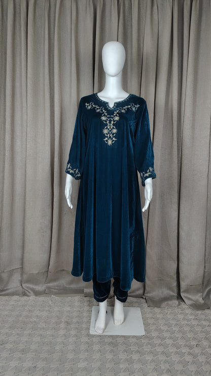 Teal Blue Zari Embroidered Kurta with Pant