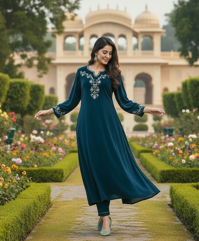 Teal Blue Zari Embroidered Kurta with Pant